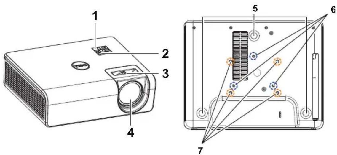 Technical diagram of a projector with labeled components and exploded view showing internal structure and assembly details.