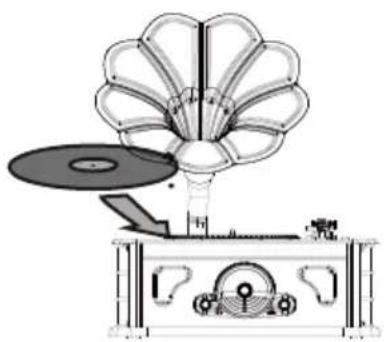 Illustration of a vintage gramophone with a circular fan and baseplate (no text or symbols)