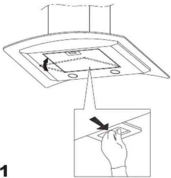 Diagram showing a hand pressing down on a component with an arrow indicating motion, labeled with number 1.