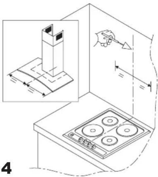 Technical diagram showing a kitchen appliance with a mounted tower and a cooking pan, annotated with dimension lines and a hand holding a tool.