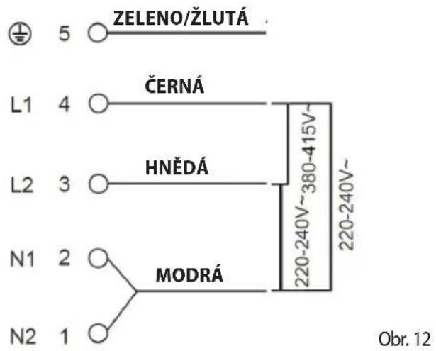 ZELENO/ŽLUTÁ L1 4 ČERNÁ L2 3 HNĚDÁ N1 2 MODRÁ N2 1 220-240V~380-415V~ 220-240V~ Obr. 12