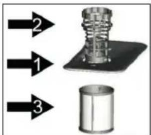Diagram showing three labeled arrows pointing to a mechanical component: a spring-like structure, a cylindrical container, and a separate arrow pointing to it.