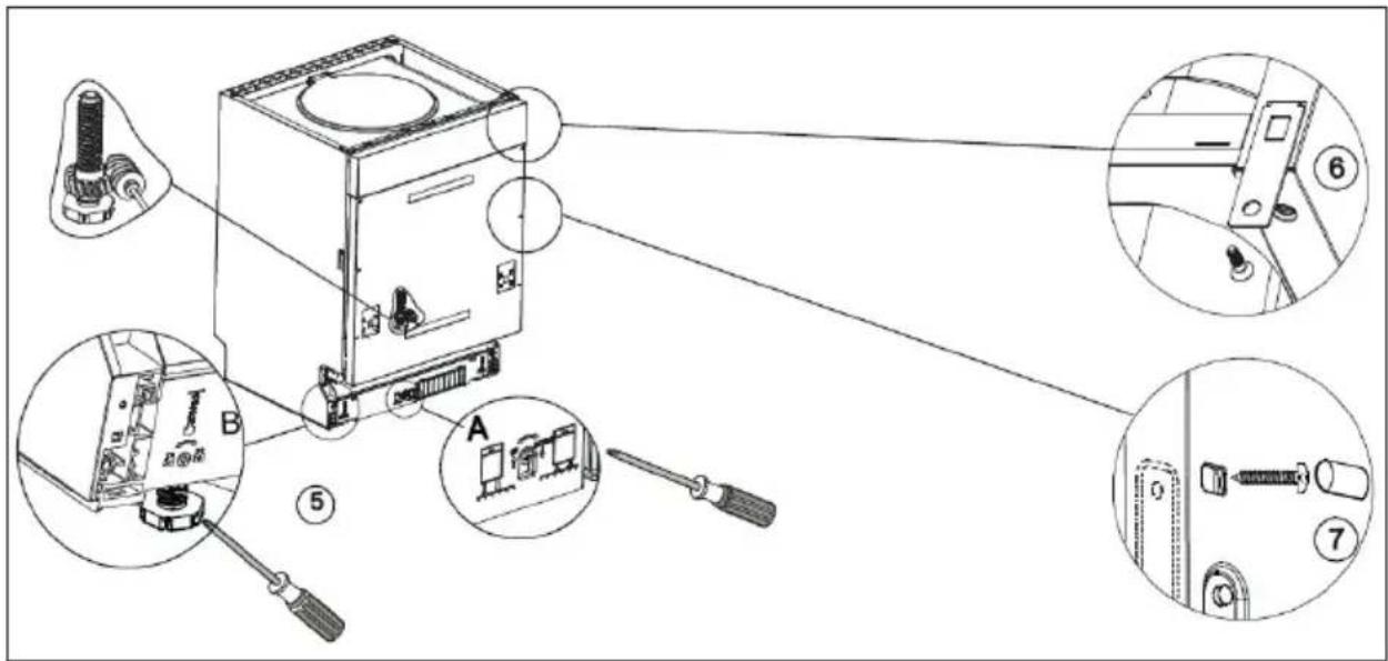 Technical diagram of a washing machine with labeled parts and exploded view, showing internal components and assembly steps.