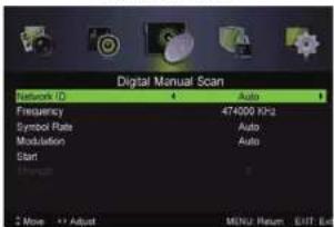 Digital Manual Scan Network ID Auto Frequency 474000 KHz Symbol Rate Auto Modulation Auto Start Change * Move * Adjust MENU: Reum EUT: End