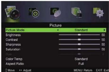 Picture Picture Mode Standard Brightness 50 Contrast 50 Sharpness 50 Saturation 50 Color Temp Standard Aspect Ratio Full Move Adjust MENU: Return EXIT: Exit
