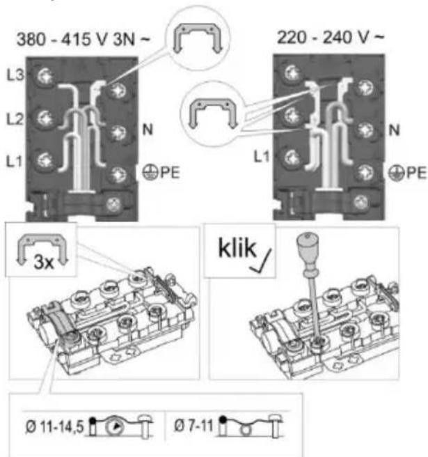 380 - 415 V 3N ~ L3 L2 L1 N PE 220 - 240 V ~ L1 N PE 3x klik Ø 11-14,5 Ø 7-11
