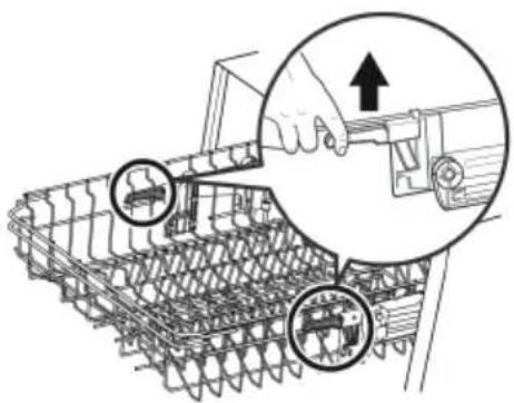 Technical diagram showing a hand operating a mechanical component with two circular insets highlighting specific parts of the component.