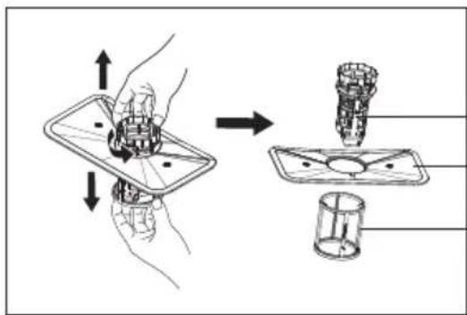 Diagram illustrating a mechanical assembly process with labeled parts and directional arrows indicating movement.