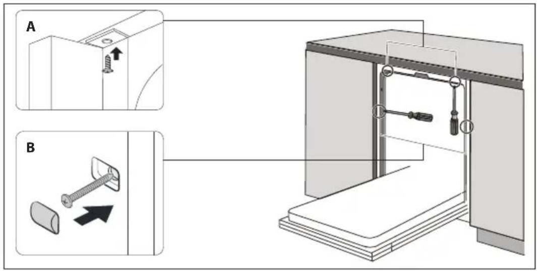 Technical diagram showing two mechanical assembly steps labeled A and B, with arrows indicating movement of a screw on the component.
