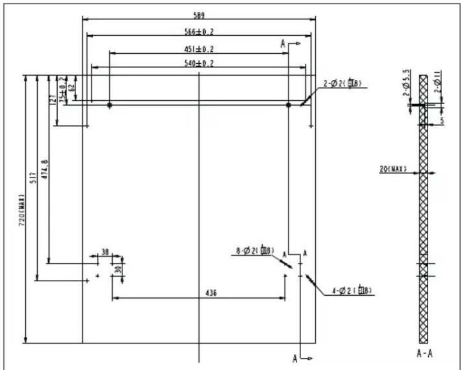 589 566±0.2 451±0.2 540±0.2 A 2-Ø2(∅B) 2-Ø5.5 2-Ø11 720(MAX) 517 474.8 38 30 436 8-Ø2(∅B) A A 4-Ø2(∅B) A-A 20(MAX)