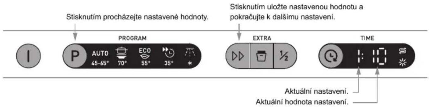 Stisknutím procházejte nastavené hodnoty. PROGRAM I AUTO 45-65° 70° ECO 55° 35° * STisknutím uložte nastavenou hodnotu a pokračujte k dalšímu nastavení. EXTRA TIME Aktuální nastavení. Aktuální hodnota nastavení.