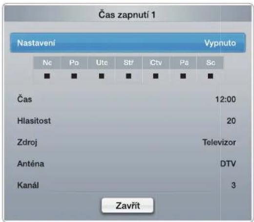 Čas zapnutí 1 Nastavení Vypnuto Ne Po Ute Stř Ctv Pá Sc Čas 12:00 Hlasitost 20 Zdroj Televizor Anténa DTV Kanál 3 Zavřít
