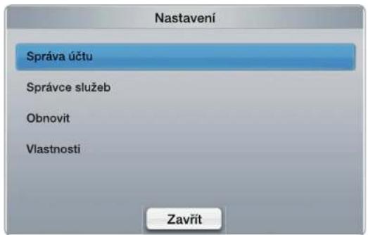 Nastavení Správa účtu Správce služeb Obnovit Vlastnosti Zavřit