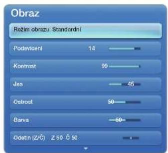 Obraz Režim obrazu Standardni Podavicienl 14 Kontrast 99 Jas 45 Ostrost 50 Barva 50 Odatin (Z/Č) Z 50 Č 50