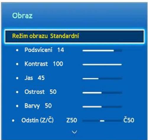 Obraz Režim obrazu Standardní Podsvícení 14 Kontrast 100 Jas 45 Ostrost 50 Barvy 50 Odstín (Z/Č) Z50 Č50