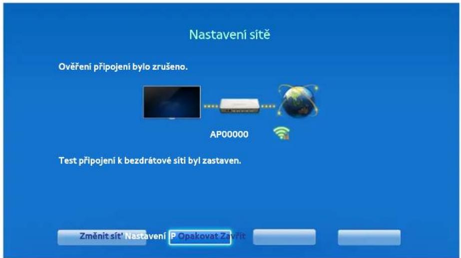 Nastavení sitě Ověření připojení bylo zrušeno. AP00000 Test připojení k bezdrátové sítí byl zastaven. Změnit sit' Nastavení P Opakovat Zavřit