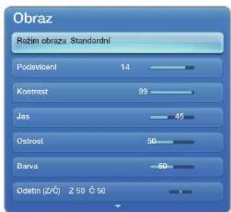 Obraz Režim obrazu Standardní Podaviciení 14 Kontrast 99 Jas 45 Ostrost 50 Barva 50 Odatin (Z/Č) Z 50 Č 50
