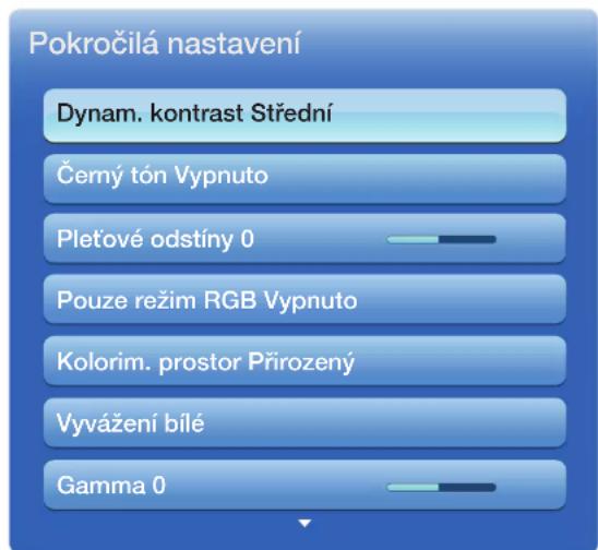 Pokročilá nastavení Dynam. kontrast Střední Černý tón Vypnuto Pleťové odstíny 0 Pouze režim RGB Vypnuto Kolorim. prostor Přirozený Vyvážení bílé Gamma 0