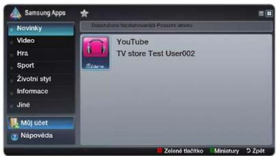 Samsung Apps Novinky Video Hra Sport Životni styl Informace Jiné Můj účet Nápověda Docosrůženo No(štěkovaný) Páškostní Jiného YouTube TV store Test User002 Zelené tlačetko Miniatury Žpět