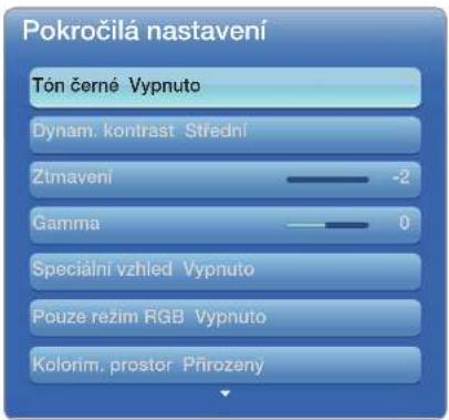 Pokročilá nastavení Tón černé Vypnuto Dynam. kontrast Střední Ztmení -2 Gamma 0 Speciální vzhled Vypnuto Pouze režim RGB Vypnuto Kolorim. prostor Přirozený