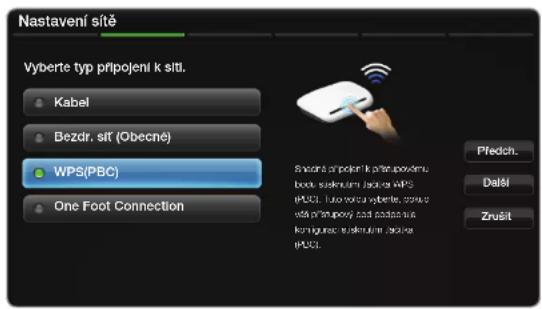 Nastavení sitě Vyberte typ prípojení k sití. Kabel Bezdr. sit (Obecné) WPS(PBC) One Foot Connection Suzdant prípojení k prete pouvéru buck systékuvi načen WPS (100Ω). Ito neča výberte, zorod sla pretpový káš podučná uč komliguje na sekrutní načen (100Ω). Předich. Další Zrušit