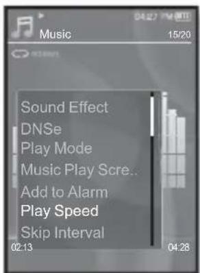 Music 15/20 Sound Effect DNSe Play Mode Music Play Scre... Add to Alarm Play Speed Skip Interval 02.13 04.28