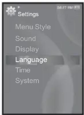 Settings Menu Style Sound Display Language Time System