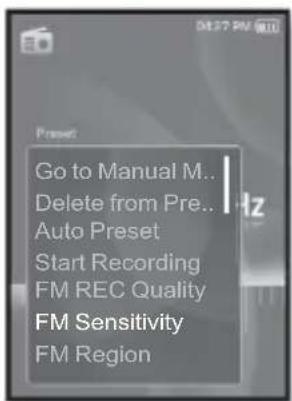 Go to Manual M.. Delete from Pre.. Auto Preset Start Recording FM REC Quality FM Sensitivity FM Region
