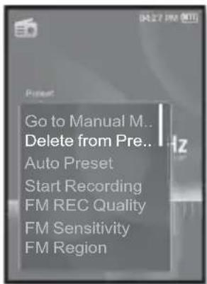 Go to Manual M.. Delete from Pre.. Auto Preset Start Recording FM REC Quality FM Sensitivity FM Region
