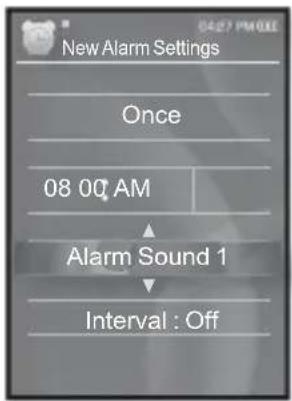 New Alarm Settings Once 08 0Q AM Alarm Sound 1 Interval : Off