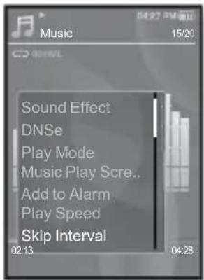 Music 15/20 Sound Effect DNSe Play Mode Music Play Scre.. Add to Alarm Play Speed Skip Interval 02:13 04:28