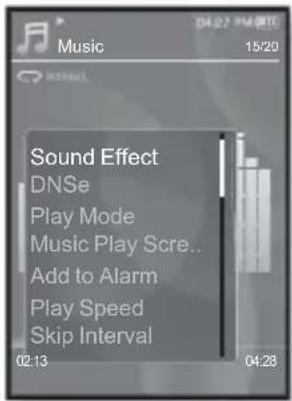 Music 15/20 Sound Effect DNSe Play Mode Music Play Scre.. Add to Alarm Play Speed Skip Interval 02:13 04:28