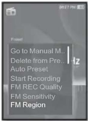 Go to Manual M.. Delete from Pre.. Auto Preset Start Recording FM REC Quality FM Sensitivity FM Region