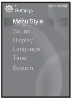 Settings Menu Style Sound Display Language Time System
