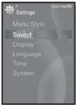 Settings Menu Style Sound Display Language Time System