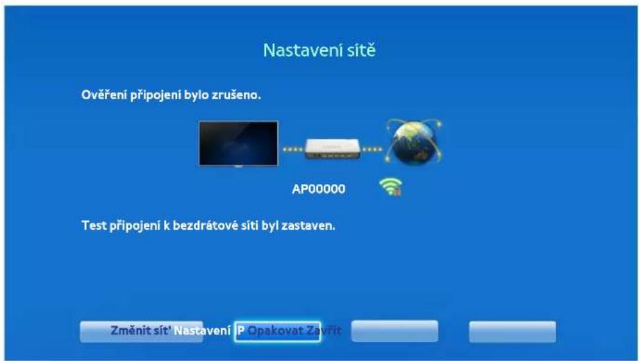 Nastavení sitě Ověření připojení bylo zrušeno. AP00000 Test připojení k bezdrátové sití byl zastaven. Změnít sit' Nastavení P Opakovat Zavřit