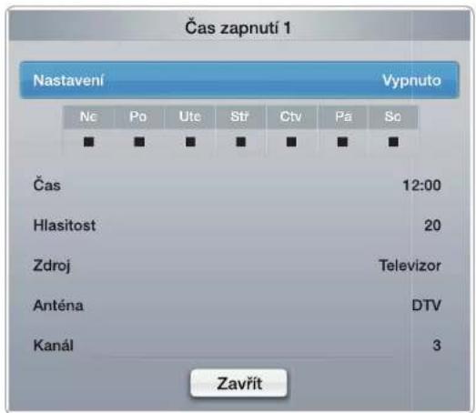 Čas zapnutí 1 Nastavení Vypnuto Ne Po Ute Str Ctv Pa So Čas 12:00 Hlasitost 20 Zdroj Televizor Anténa DTV Kanál 3 Zavřit