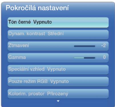 Pokročilá nastavení Tón černé Vypnuto Dynam. kontrast Střední Ztmavení -2 Gamma 0 Speciální vzhled Vypnuto Pouze režim RGB Vypnuto Kolorim. prostor Přirozený
