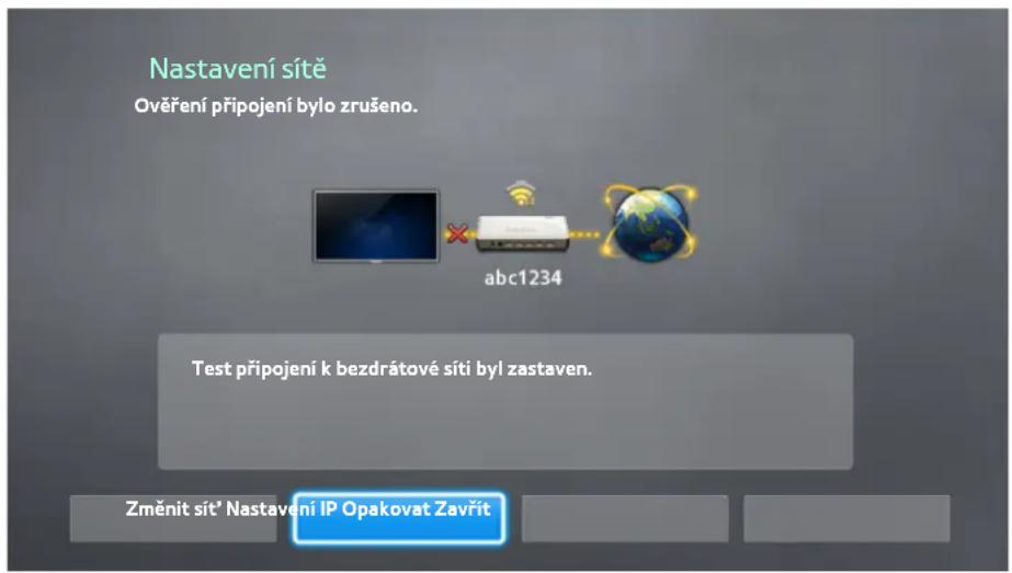 Nastavení sítě Ověření připojení bylo zrušeno. abc1234 Test připojení k bezdrátové síti byl zastaven. Změnit sít' Nastavení IP Opakovat Zavřit