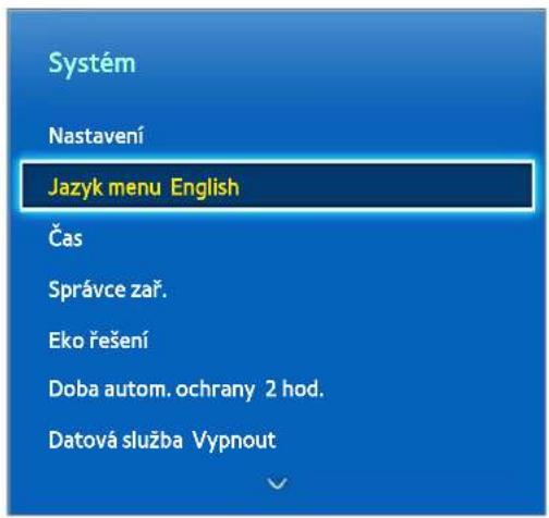 Systém Nastavení Jazyk menu English Čas Správce zař. Eko řešení Doba autom. ochrany 2 hod. Datová služba Vypnout