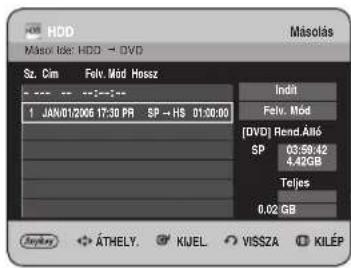 HDD Másolás Másor Isle: HDD → DVD Sz. Cim Felv. Mód Hossz Indit 1 JAN/01/2006 17:30 PR SP → HS 01:00:00 Fely. Mód [DVD] Rend.Alló SP 03:59:42 4.42GB Teljes 0.02 GB Alylany ÁTMELY KIJEL VISSZA KILÉP