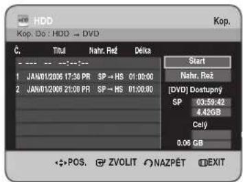 HDD Kop. Do : HDD → DVD Č. Tatu Nahr. Rež Délka Start Nahr. Rež 1 JAN01/2006 17:30 PR SP → HS 01:00:00 2 JAN01/2006 21:00 PR SP → HS 01:00:00 [DVD] Dostupný SP 03:59:42 4.42GB Celý 0.06 GB POS. ZVOLIT NAZPĚT EEXIT