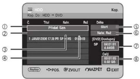 HDD Kop. Do : HDD → DVD Kop. Č. Thul Nahr. Rež Deka Start Přidat Szn 1 JAN/01/2006 17:30 PR SP HS 01:00:00 [DVD] Dostupný SP 04:01:01 4.44GB Celý 00:01:05 0.02 GB Anykey ↔POS. ☑ZVOLIT ☐NAZPĚT ☐EXIT