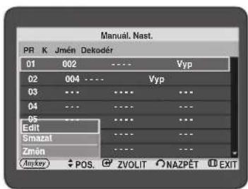 Manual. Nast. PR K Jmén Dekodér 01 002 ---- Vyp 02 004 ---- Vyp 03 ... .... ... 04 ... .... ... 05 ... .... ... Edit Smazal ... ... Zmén ... ... Any key POS ZVOLIT NAZPÉT EXIT