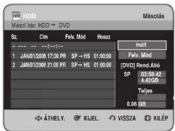 HDD Másol Ids: HDD→ DVD Sz. Cim Felv. Mód Hosz Indit 1.JAN/01/2006 17:30 PR SP → HS 01:00:00 2.JAN/01/2006 21:00 PR SP → HS 01:00:00 [DVD] Rend.Altó SP 03:58:42 4.42GB Teljes 0.06 GB ATHELY. KIJEL.VISSZA KILÉP