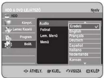 HDD & DVD LEJÁTSZÓ HDD Könyvt. Lemez Közelő Program Bedál. Audio Eredeti Folírat English Lem. Menü Français Menü Deutsch Español Italiano Nederlands Korean ÁTHELY. KIJEL. VISSZA KILÉP