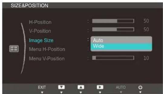 SIZE&POSITION H-Position : 50 V-Position : 50 Image Size : Auto Wide Menu H-Position : 10 Menu V-Position : EXIT AUTO