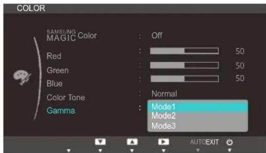 COLOR SAMSUNG MAGIC Color Red Green Blue Color Tone Gamma Off 50 50 50 Normal Mode1 Mode2 Mode3 AUTOCEXIT