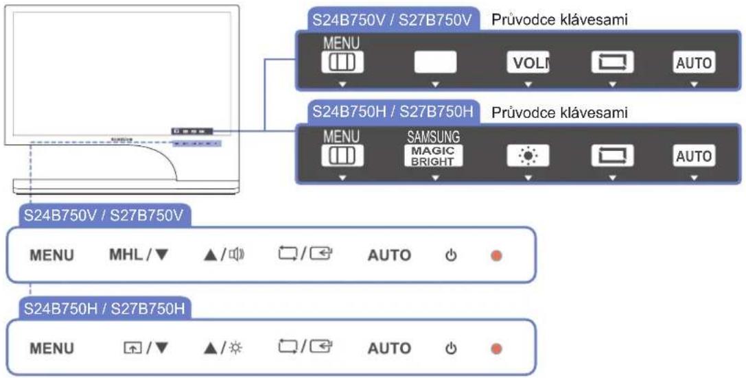 S24B750V / S27B750V Průvodce klávesami MENU VOLI AUTO S24B750H / S27B750H Průvodce klávesami MENU SAMSUNG MAGIC BRIGHT AUTO S24B750V / S27B750V MENU MHL / ▲/ / ← AUTO ● S24B750H / S27B750H MENU / ▲/ / ← AUTO ●