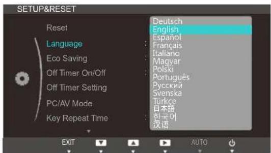 SETUP&RESET Reset Language Eco Saving Off Timer On/Off Off Timer Setting PC/AV Mode Key Repeat Time Deutsch English Español Français Italiano Magyar Polski Português Русский Svenska Turkçe 日本語 한국어 汉语 EXIT AUTO